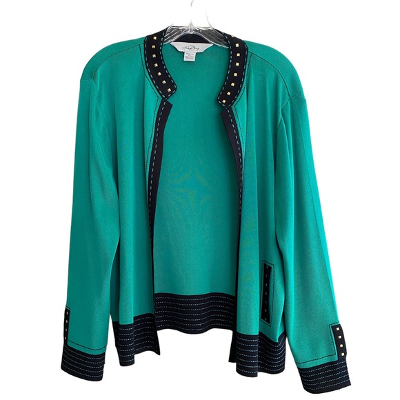 Ming Wang Sweaters - MING WANG Size L Cardigan Open Front Green Black Gold Metal Studs